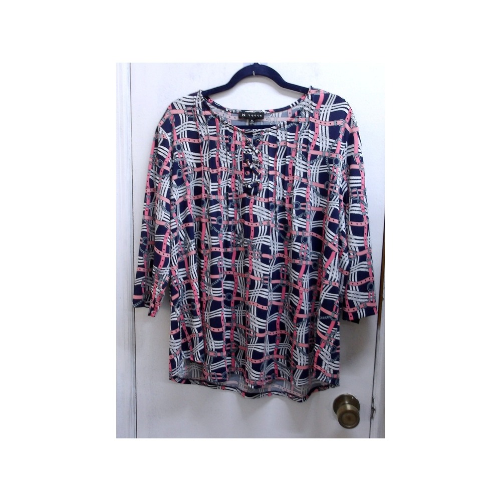 N Touch XL Navy Pink Belt Chain Print Lace Up Grommet Blouse Top /#26806